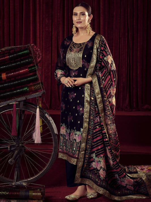 Aastha Fashion Women's Black Organza Jacquard Woven Kurta with Trouser & Dupatta - Grab2buy