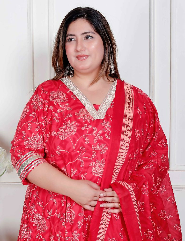 Miravan Plus Size Women'S Red Embroidered Anarkali Kurta And Dupatta 