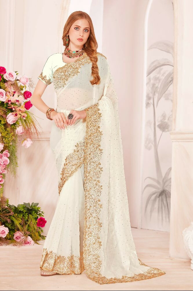 PR Fashion White Fendi Two Tone Silk Heavy Zari & Resham Embroidery Work With Heavy Zircon Work Saree