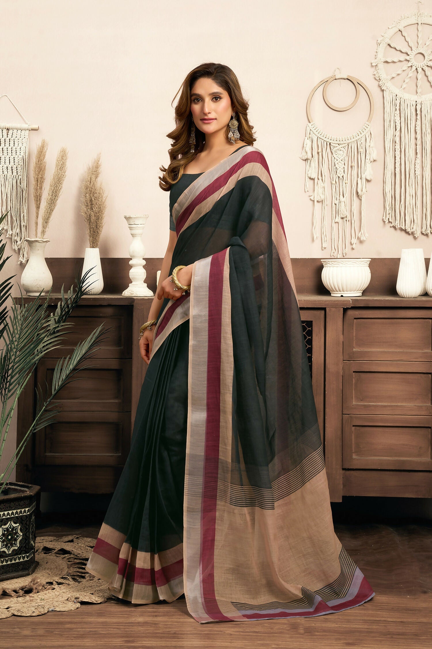 Joban Fashion  Black Solid Linen Ready To Wear Saree With Unstitched Blouse