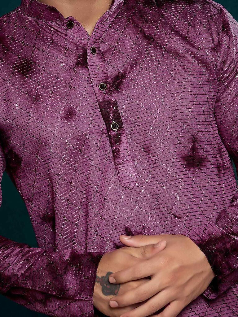 Purple Viscose Designer Sequance Embroidery Work Men's Kurta Set - Mahotsav
