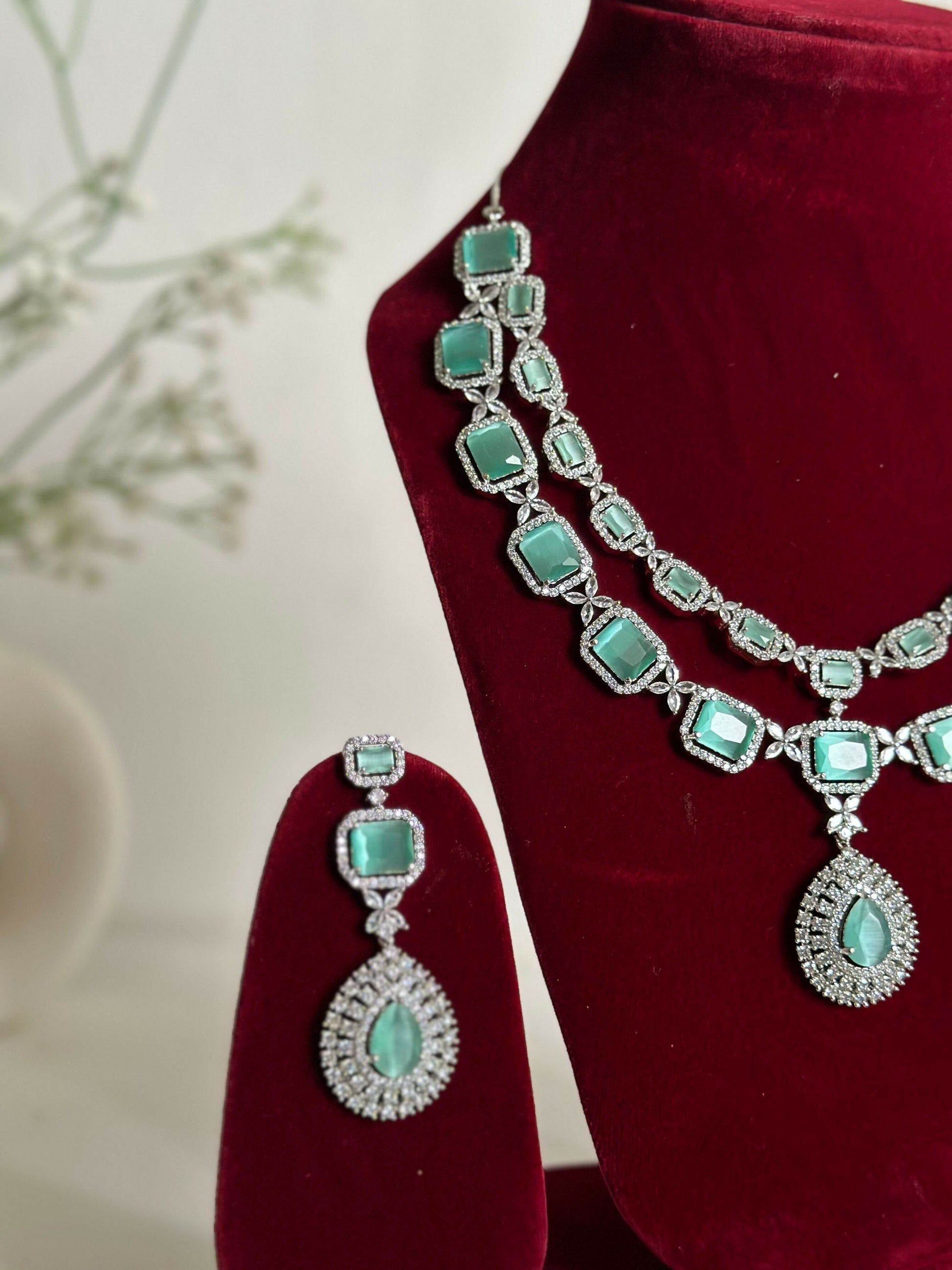 Mint Green American Diamond Two Layer Elegent Necklace Set With Earrings By House of Ree House of Ree