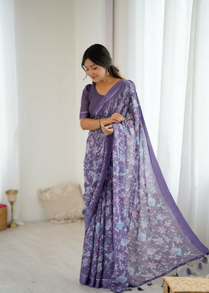 PR Fashion Lavender Bright Moss Satin Patta Printed Saree