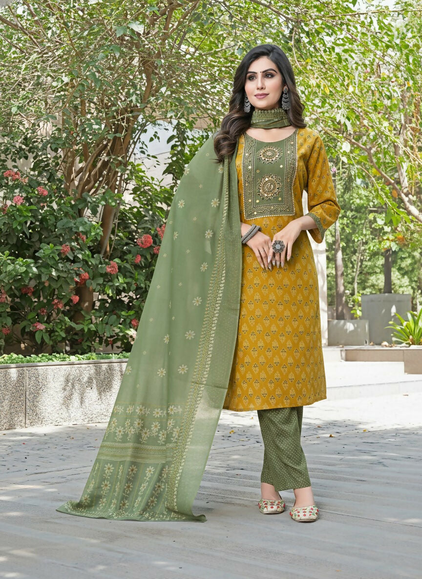 BulBul Aaliya Warm Mustard Cotton Kurta Set with Dupatta 