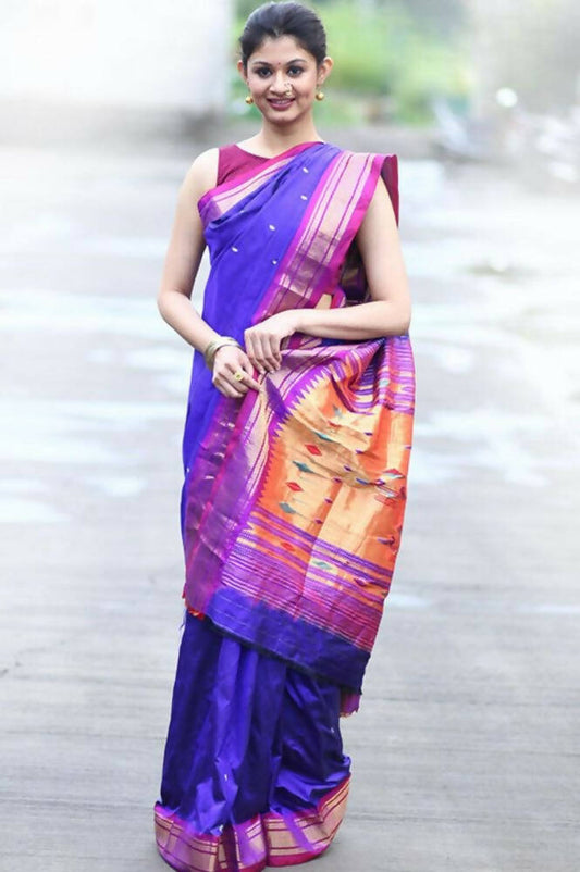 Very Much Indian Pure Silk Handloom Yeola Paithani - Traditional Double Pallu - Dark Blue With Purple Border - Grab2buy
