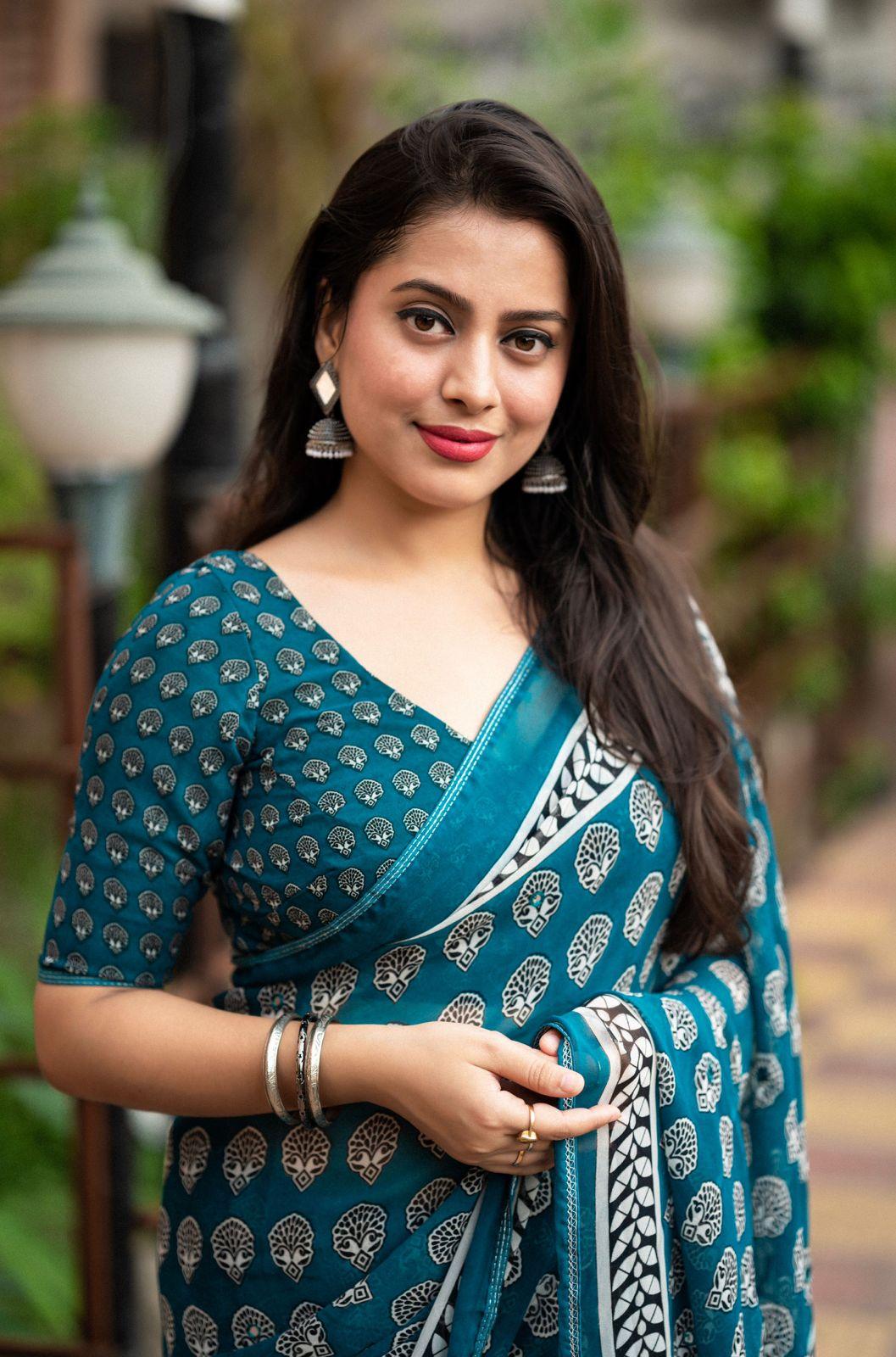 Rama Poly Georgette Ajrak Saree with Unstitched Blouse - A2M