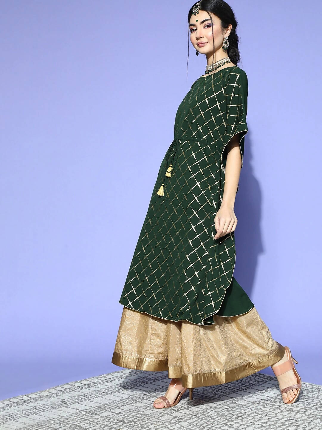 Janasya Women Green Checked New Age Kaftan Kurta