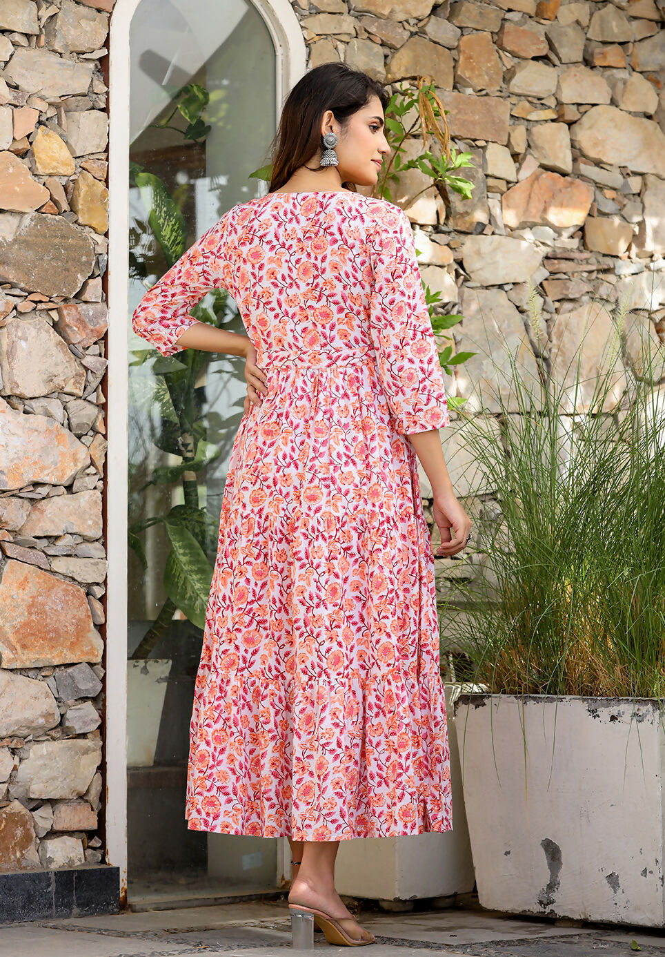 Kaajh Women's Orange Ethnic Floral Hand Block Print Cotton Dress
