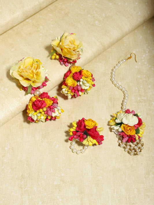Yellow Pink Beaded Flower Jewellery Set - Ruby Raang - Grab2buy