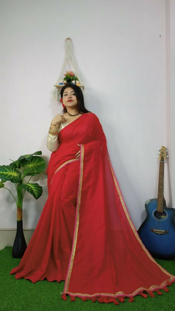Exclusive Collection Beautiful Khadi Cotton Handloom Grab2Buy With Beautiful Zari Border - Red 