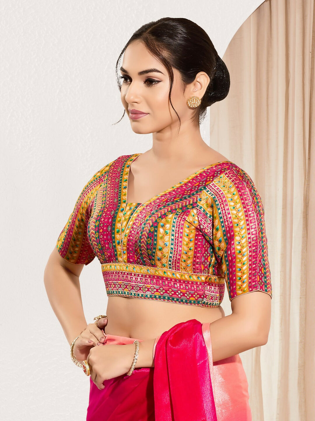 Joban Fashion Pink Multi Brocade Padded Blouse With V Neck Elbow Sleeves