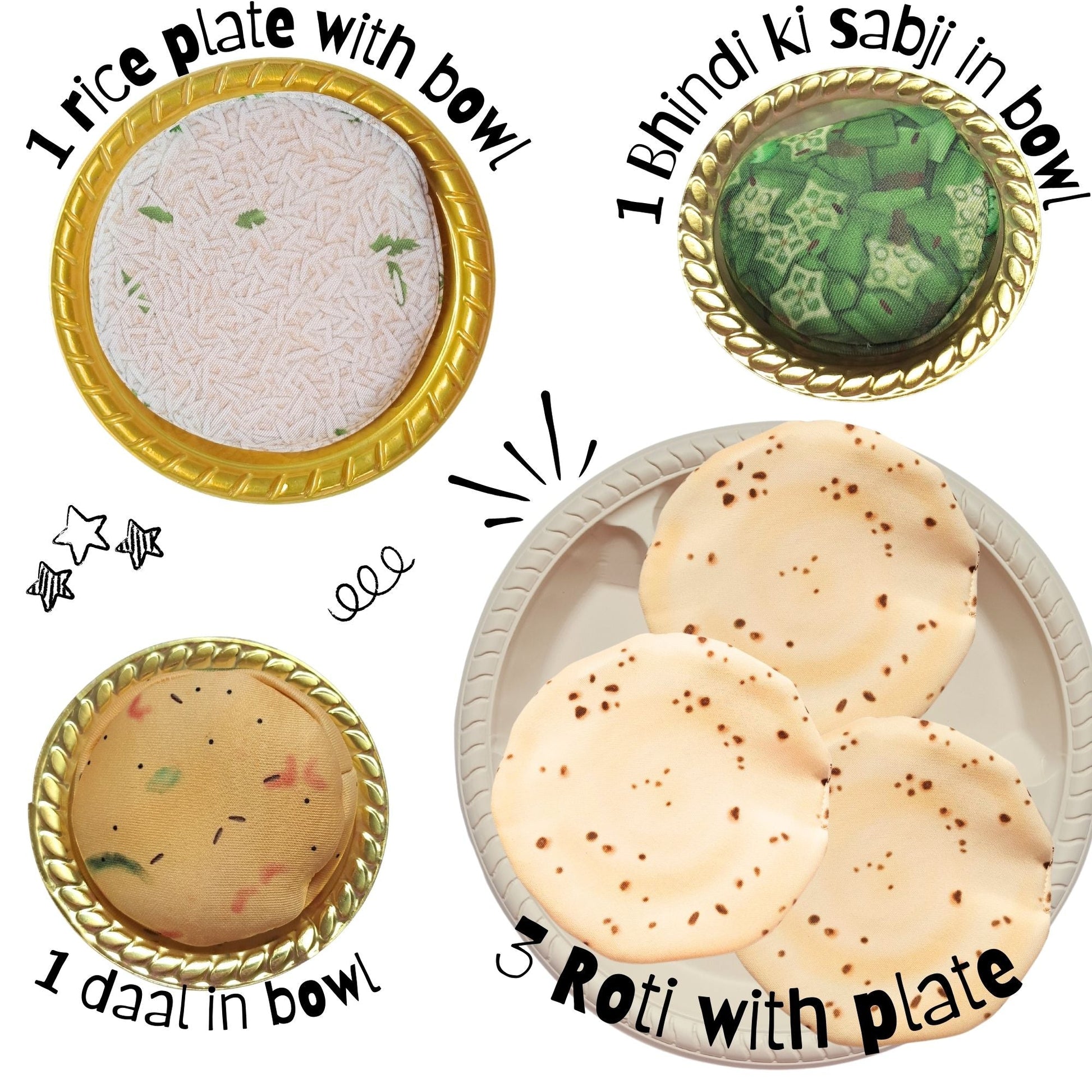 The Small Wonderland Annapurna Thali Pretend Play Set -Roti,Daal ,Rice ,bhindi ki sabji - Indian Food Inspired Pretend Play toys