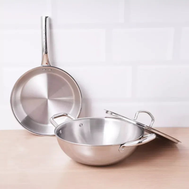 The Indus Valley TurboCuk Tri-ply Stainless Steel Cookware Set: 3L Kadai with Lid + 1.4L Fry Pan, Premium Quality, 3 Layer Thick Body, 100% Toxin-free, Non-stick, Induction & Gas  Grab2Buy The Indus Valley Grab2Buy