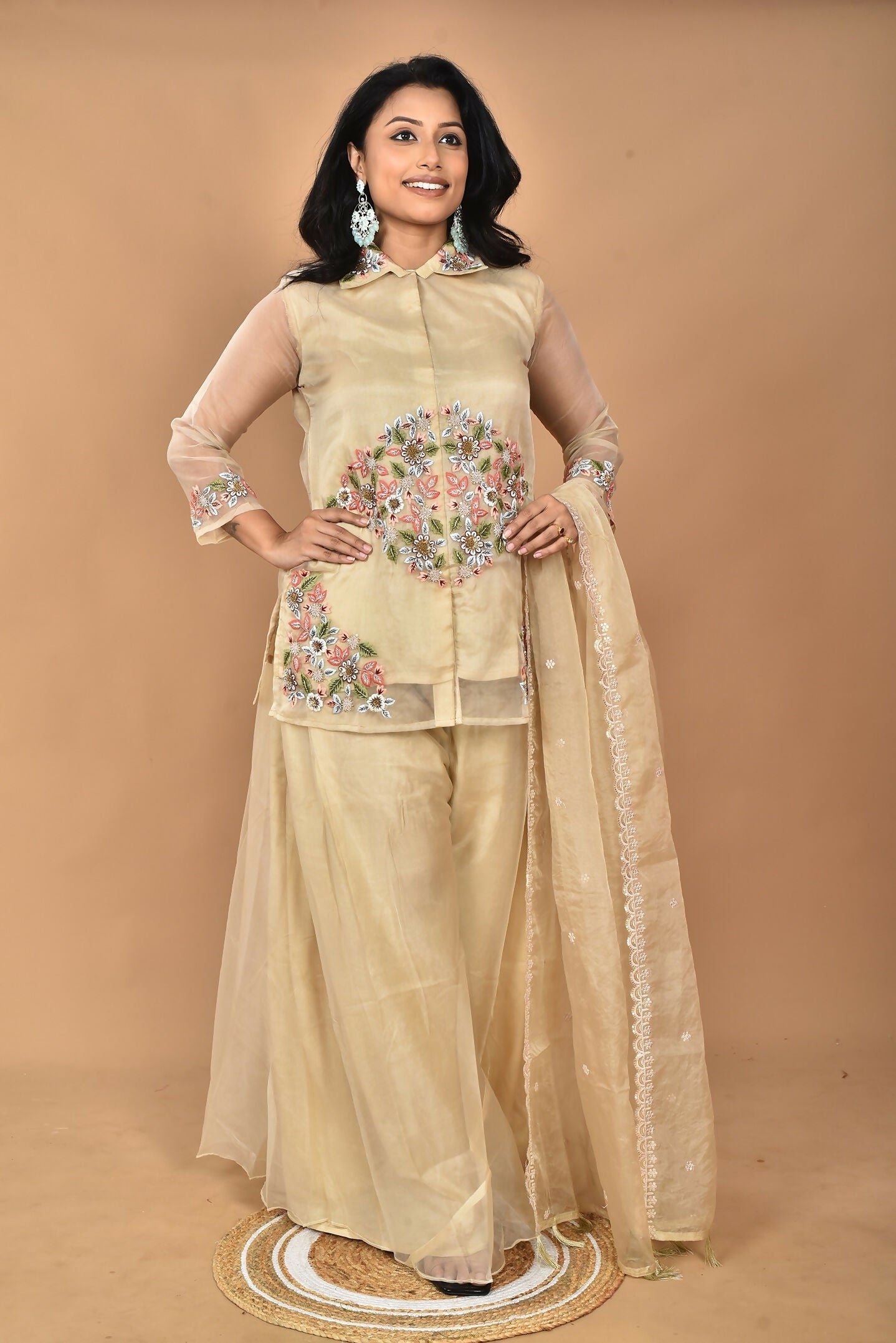 Morchari Women And Hand Embroidery Palazzo Set-Beige 