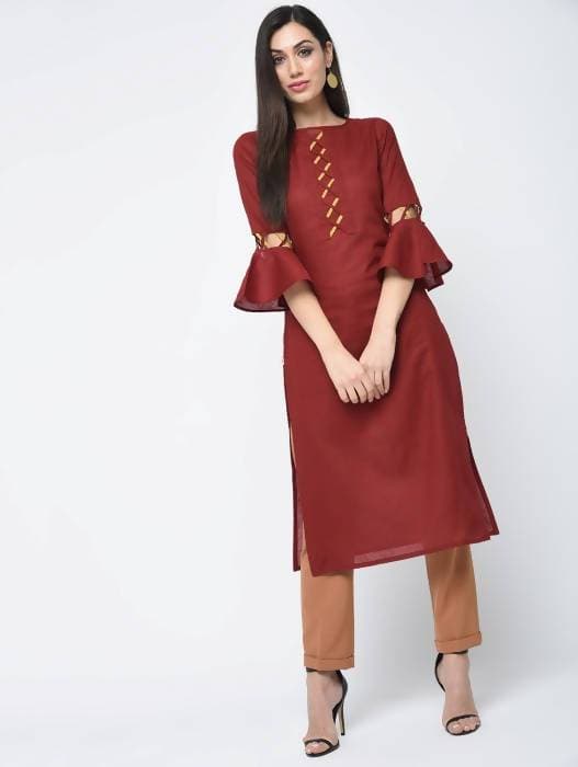 Aniyah Cotton Criss Cross Bell Sleeves Straight Kurta In Maroon (AN-101B) | Grab2Buy