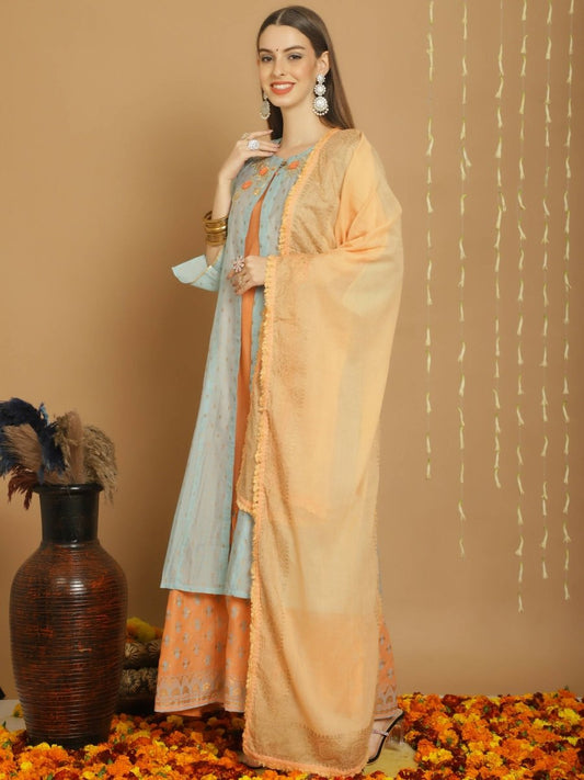 Aastha Fashion Women's Turquoise Chanderi Silk Elegant Jardoshi Kurta with Trouser & Dupatta - Grab2buy