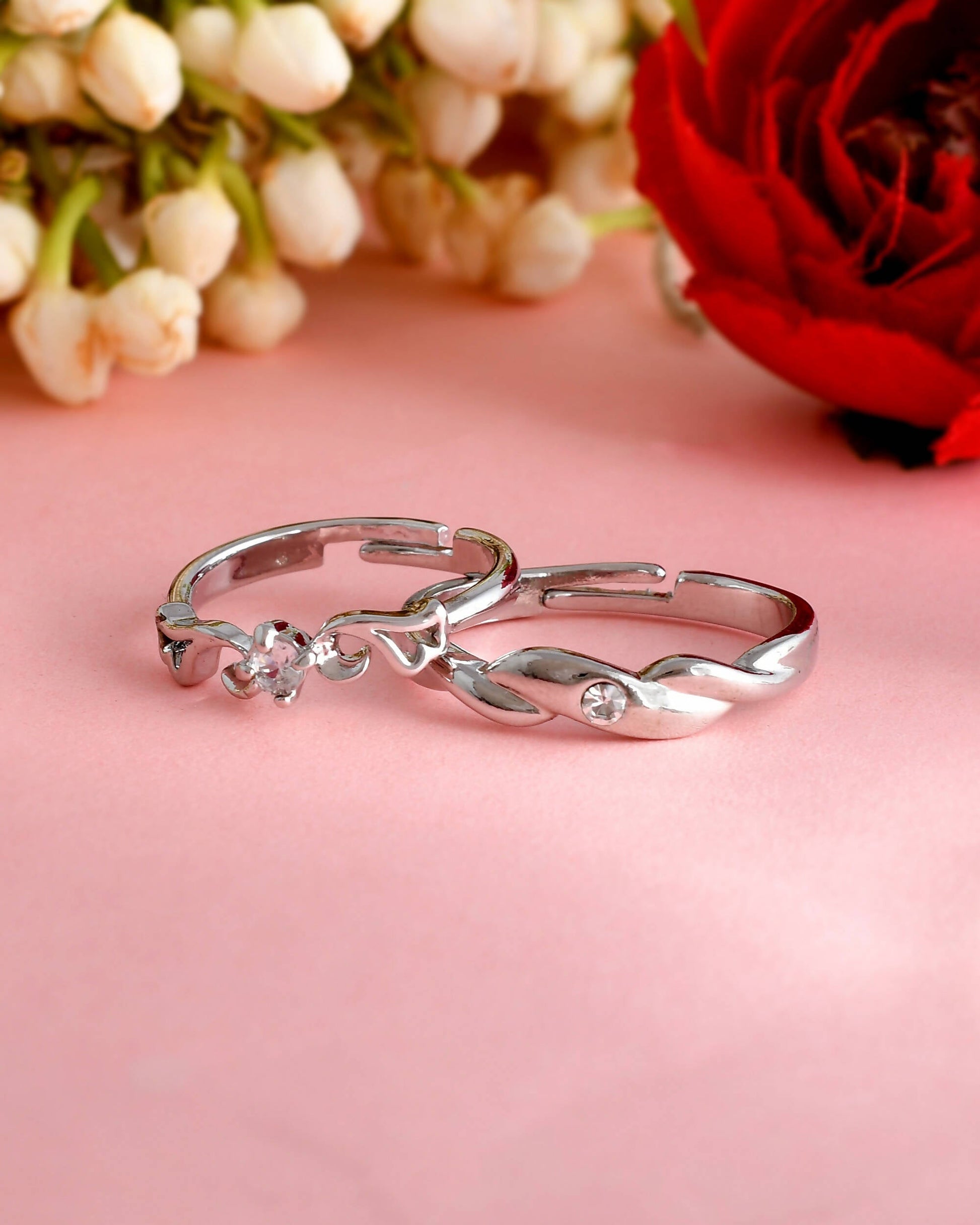 VOJ Stainless Steel Cubic Zirconia Silver Plated Adjustable Ring Set for Couple 
