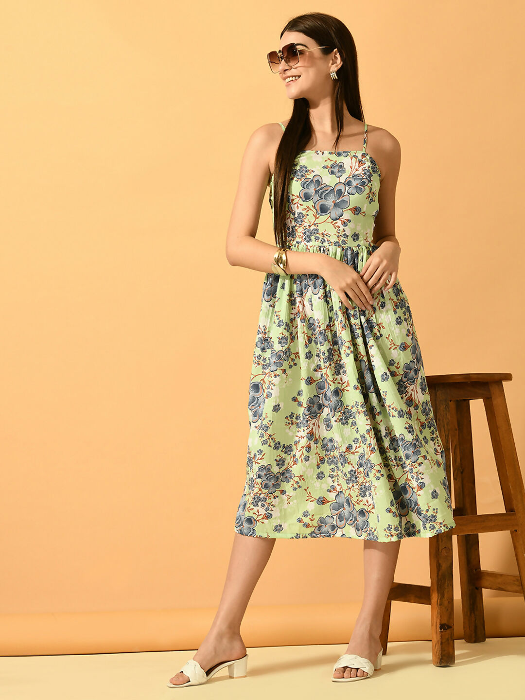 Myshka Women's Lime Green Fit and Flare Party Dress