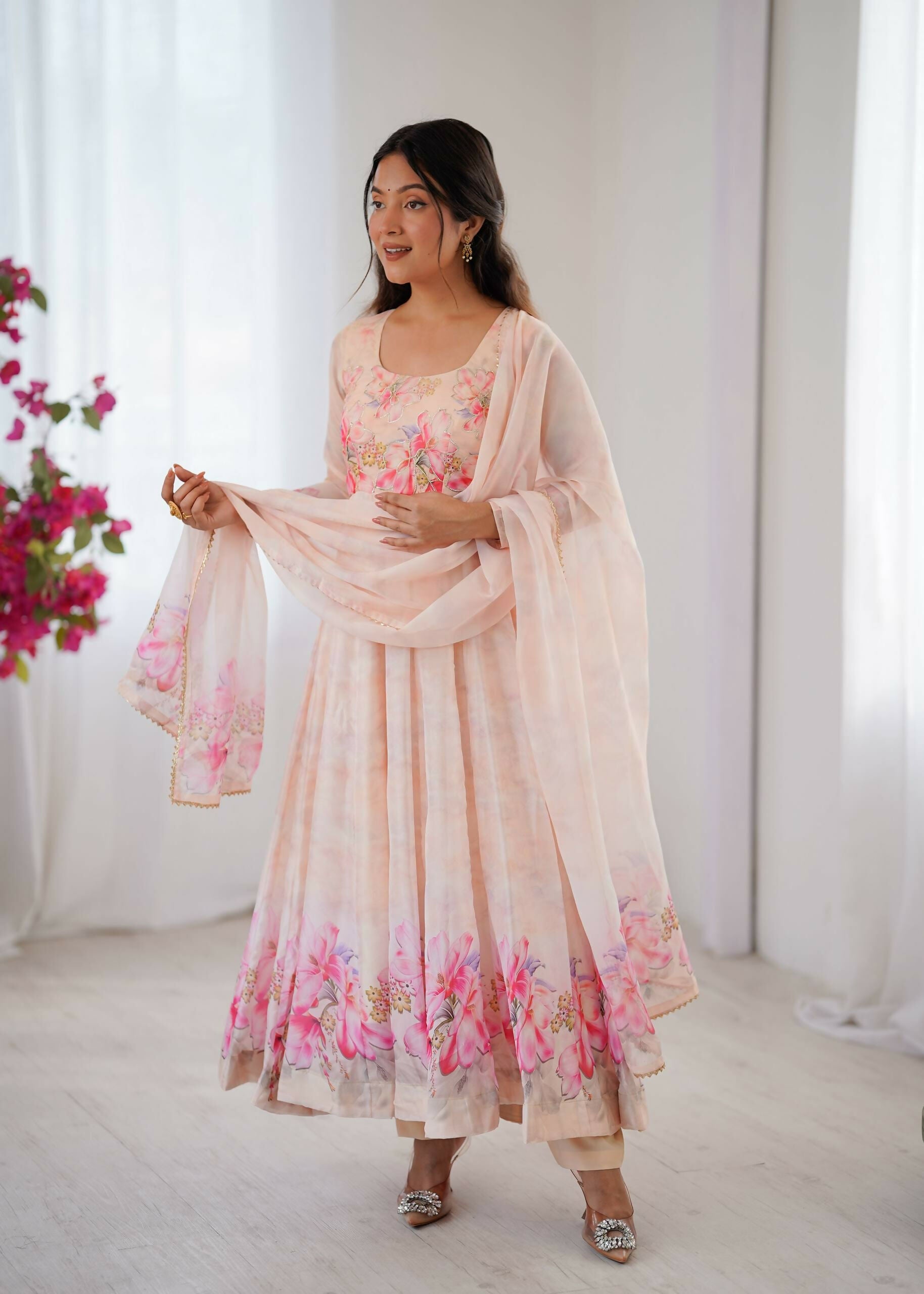Teeya Creation Womens New Organza Soft Taby Silk Heavy Quality Fabric With Digital Print Baby-Pink Gown Set