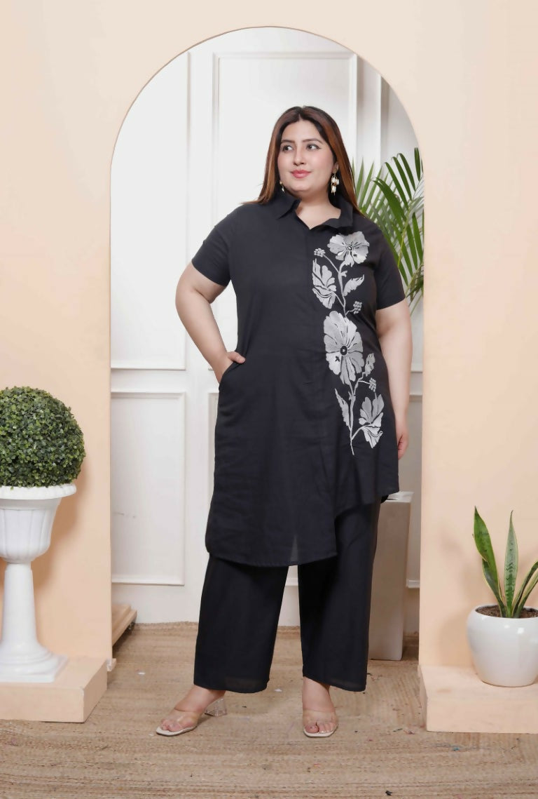 Miravan Women's Plus Size Black Pure Cotton Floral Embroidered High Low Co-Ord Set 