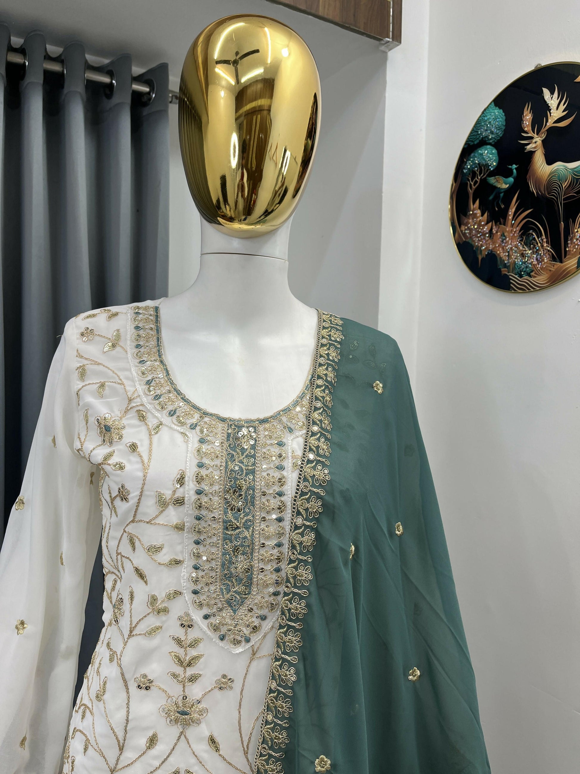 Teeya Creation White Color Faux Georgette Embroidery Work Long Party Wear Palazzo Suit
