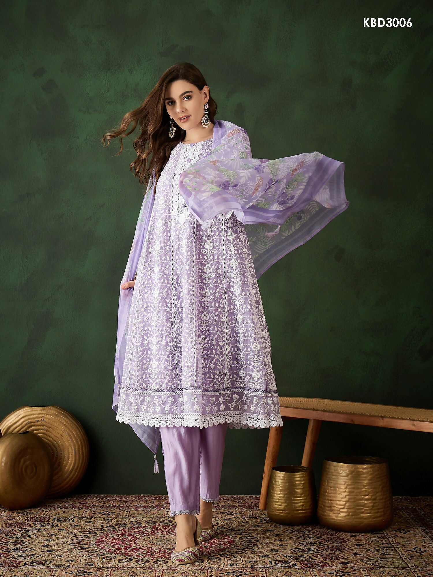 Lavender Crystal Organza schiffli embroidery Kurta With Trouser & Dupatta - Bhumi