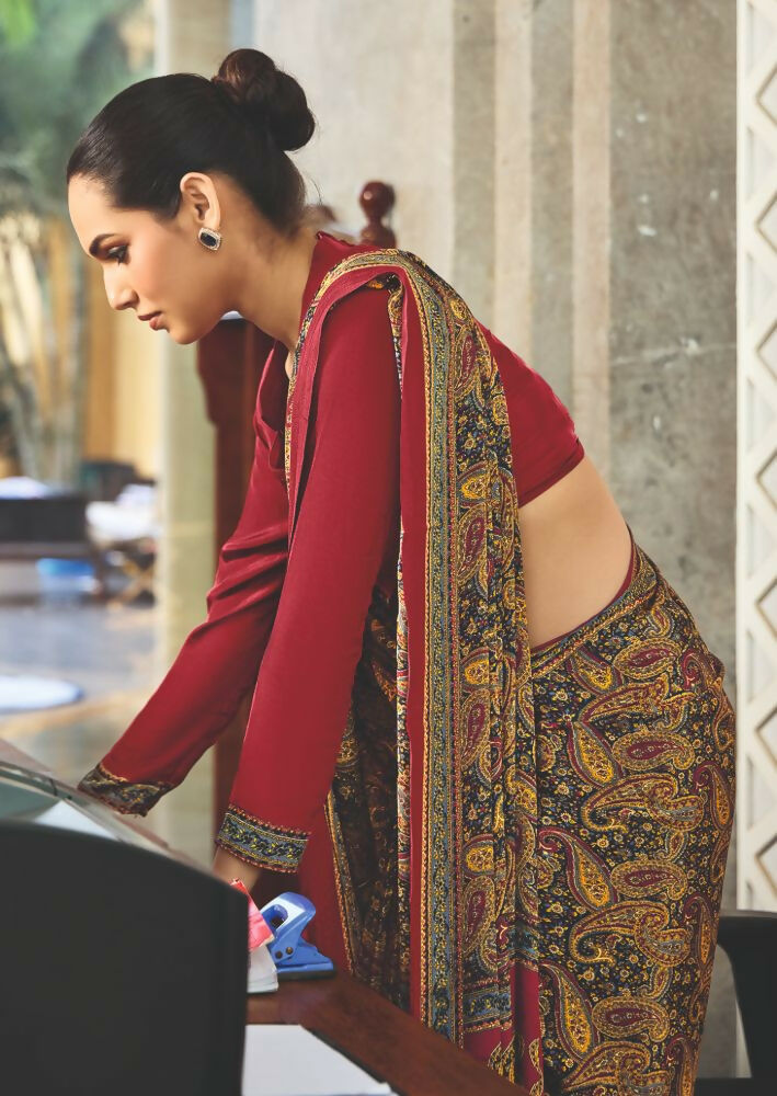Joban Fashion Mustard Crepe Silk with Traditional Print Saree