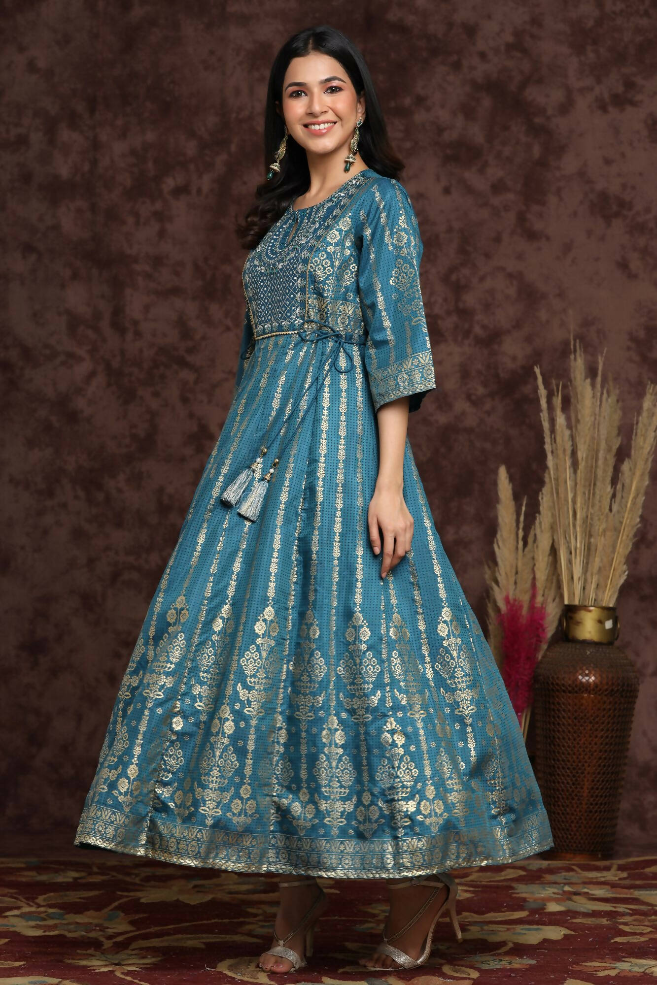 Juniper Women Teal Shantoon Printed Anarkali Dress