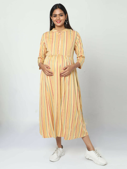 Manet Three Fourth Maternity Dress Striped With Concealed Zipper Nursing Access - Yellow