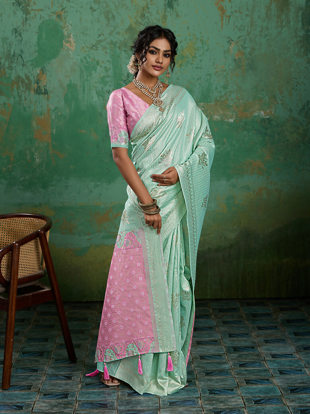 Shree Shyam Fashion Rama Green Linen Cotton Saree