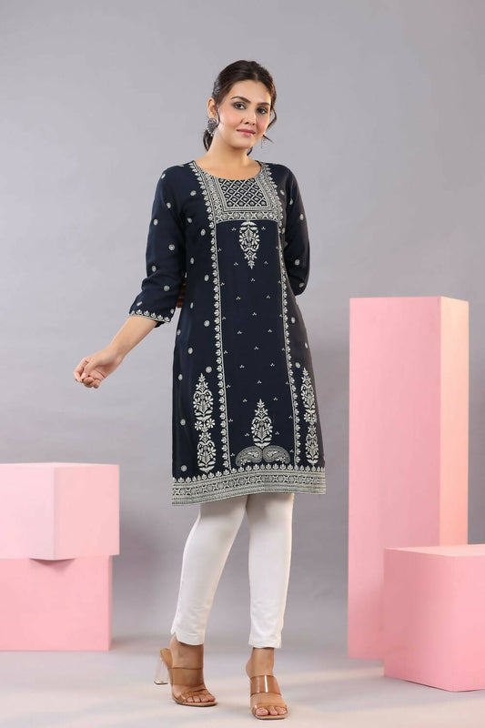 Juniper Women Navy Blue Rayon Printed Knee Length Straight Kurta
