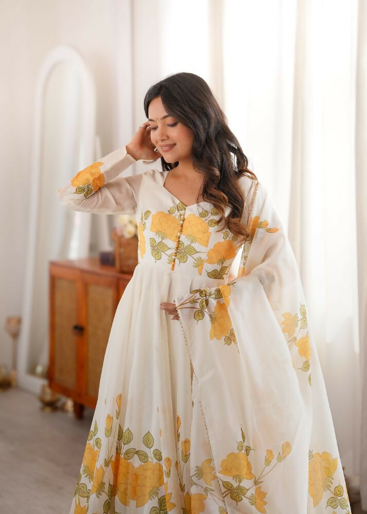 Teeya Creation Off-White Floral Anarkali Salwar Kameez Suit Set