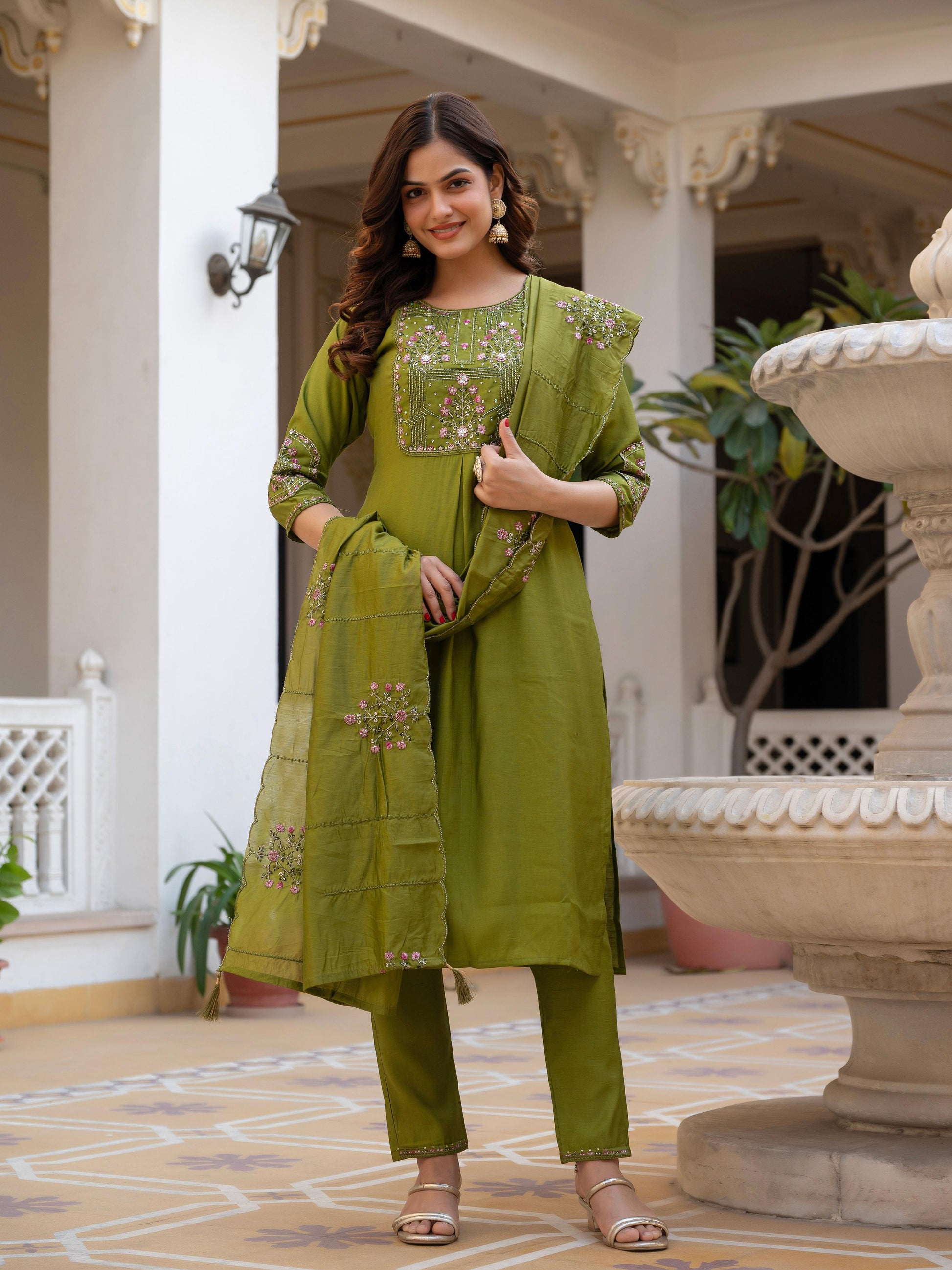 Pramukh Fab Olive Color Viscose Mango Silk Kurta Set