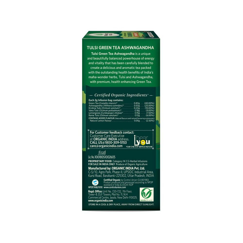 Organic India Tulsi Green Tea Ashwagandha - Herbal Sleep Tea, Caffine Free 