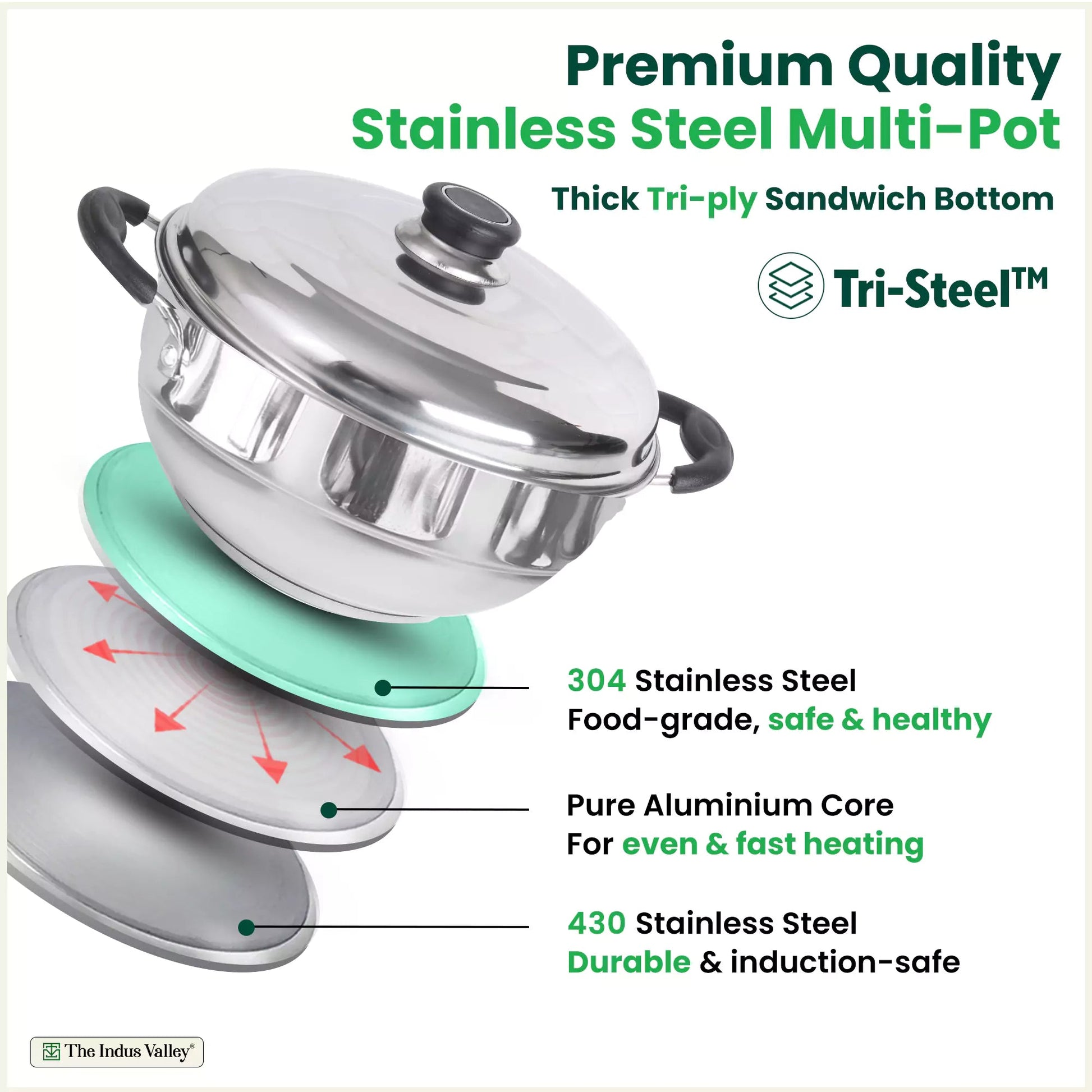The Indus Valley 8 Pit Tri-Steel Multi Pot Premium Stainless Steel Idli/ Dhokla/ Momo Maker/ Veg Steaming Set, Tri-ply Induction Bottom, 5 Plates, 3L  Grab2Buy The Indus Valley Grab2Buy