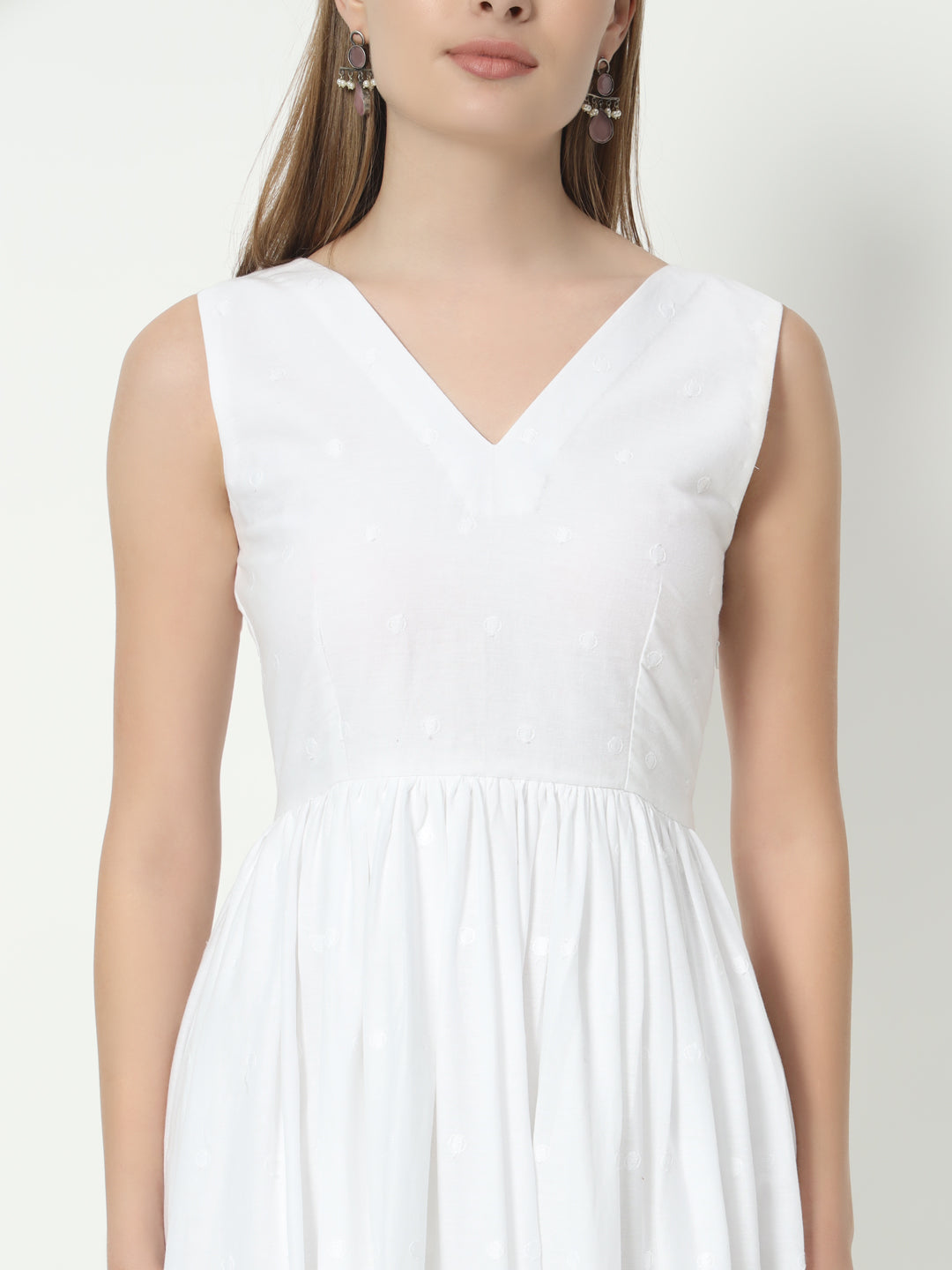 Fab Fashion White Chiken Kari V Neck Gadder Dress