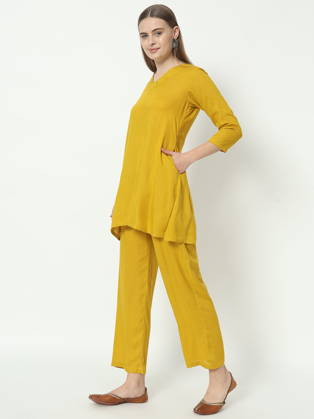 Fab Fashion Mustred Plain Pure Co-Ord Set 
