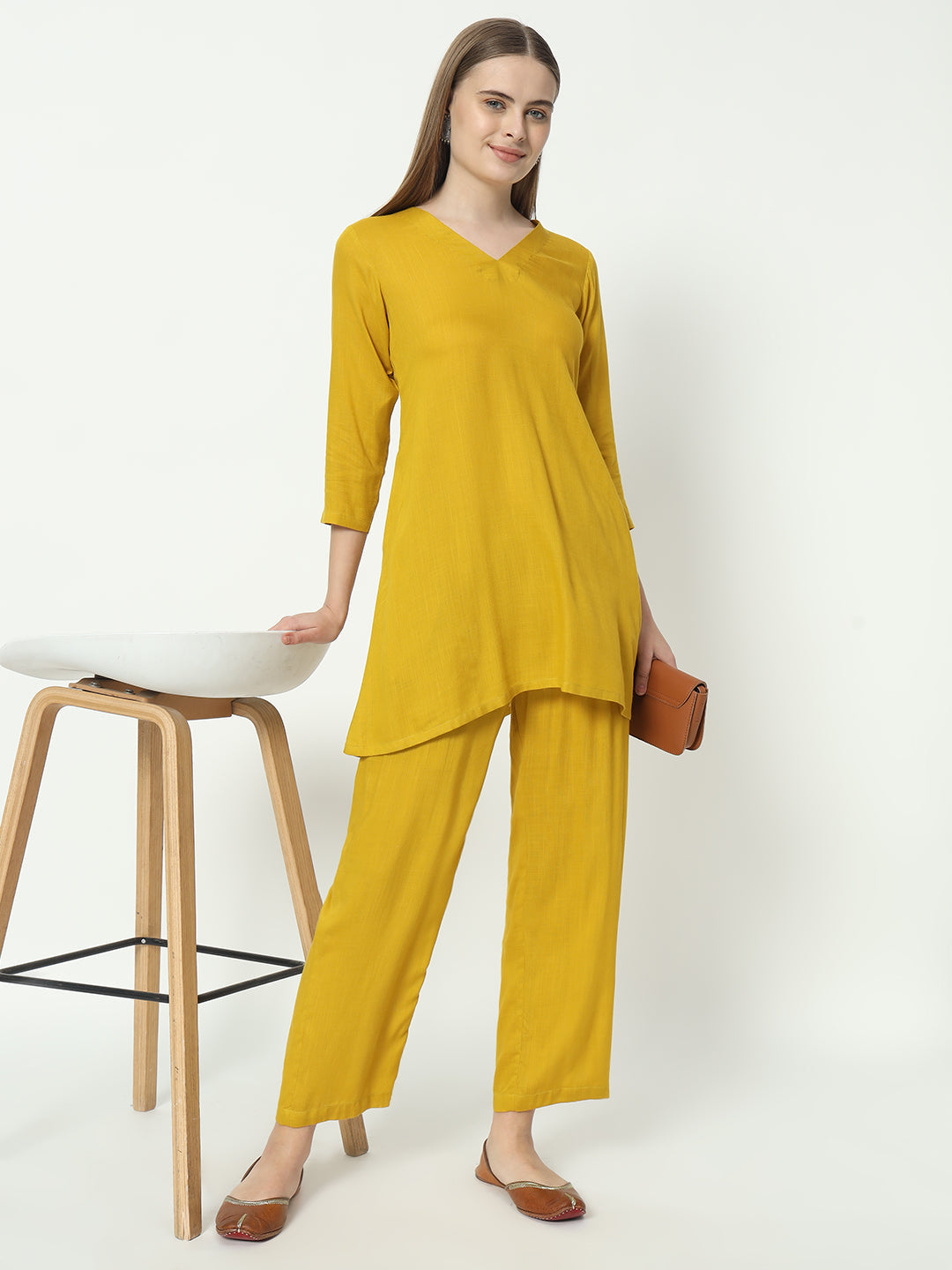 Fab Fashion Mustred Plain Pure Co-Ord Set 