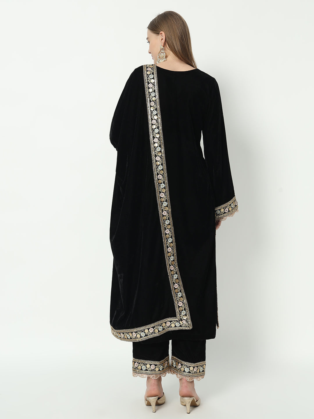 Fab Fashion Black Velvet Side High Slit Suit Full Set