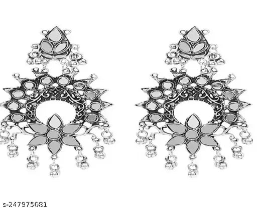 Tehzeeb Creations Women's Silver Colour Oxidised Necklace And Earrings With White Kundan Tehzeeb Creations