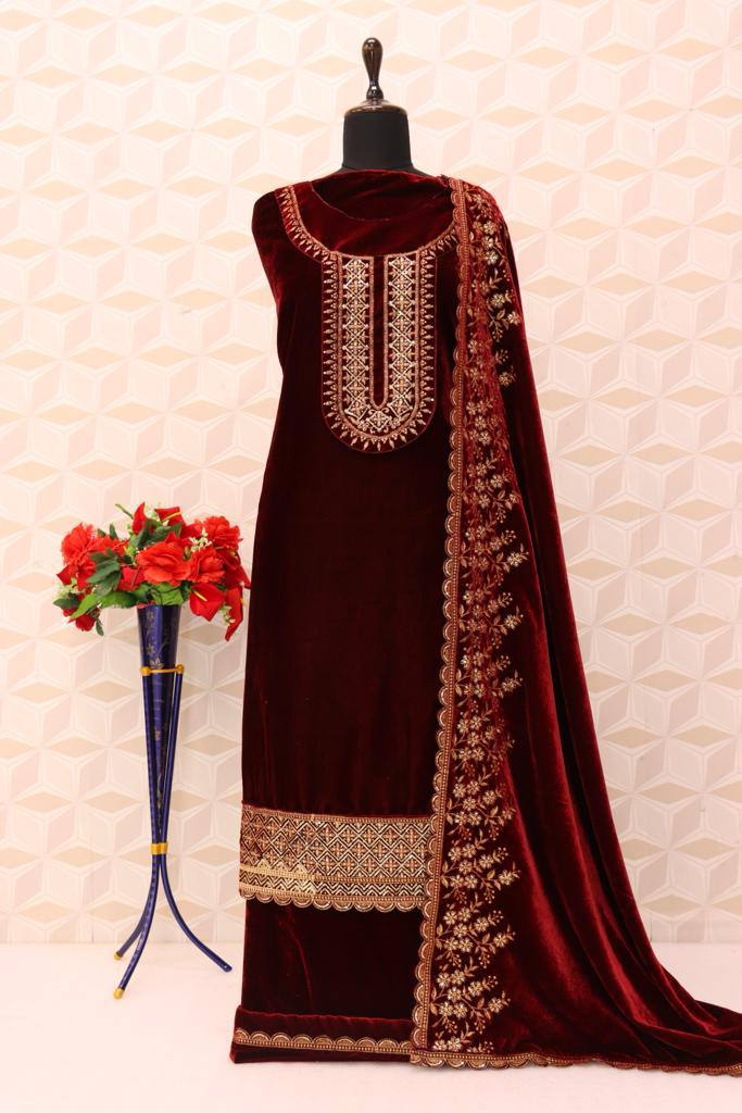 Lorenvalley Fashion Women Maroon Velvet Embroidered Salwar Suit Material