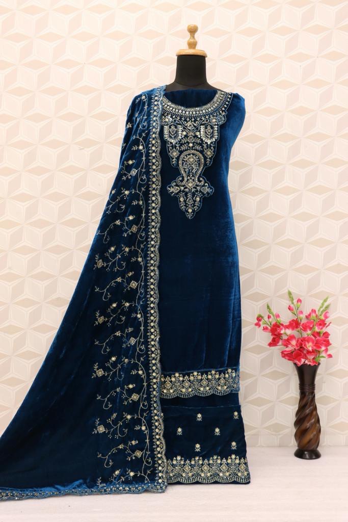 Lorenvalley Fashion Women Rama Velvet Embroidered Salwar Suit Material
