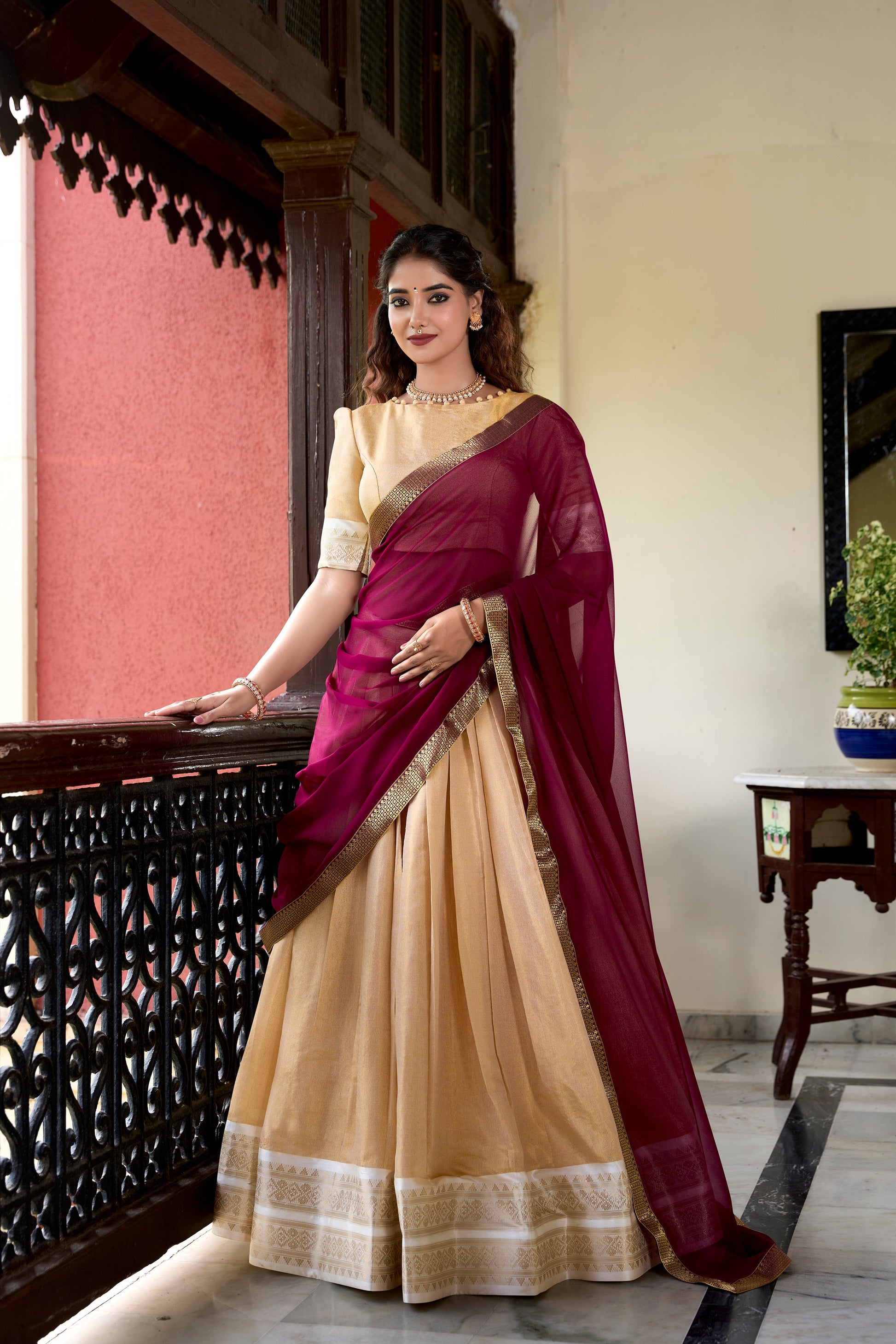 Lorenvalley Cream Kanchipuram Zari Weaving Work Lehenga Choli 