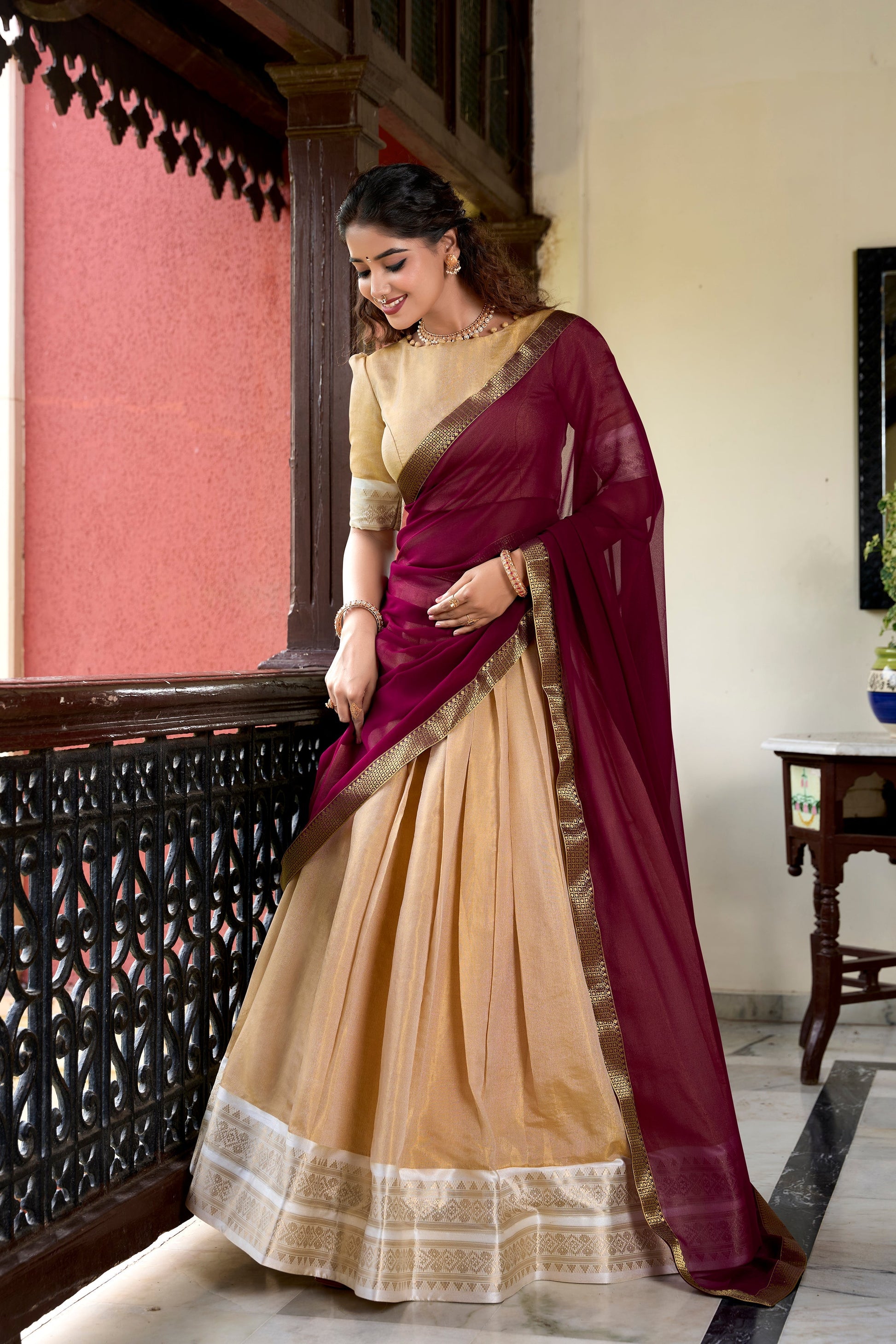Lorenvalley Cream Kanchipuram Zari Weaving Work Lehenga Choli 