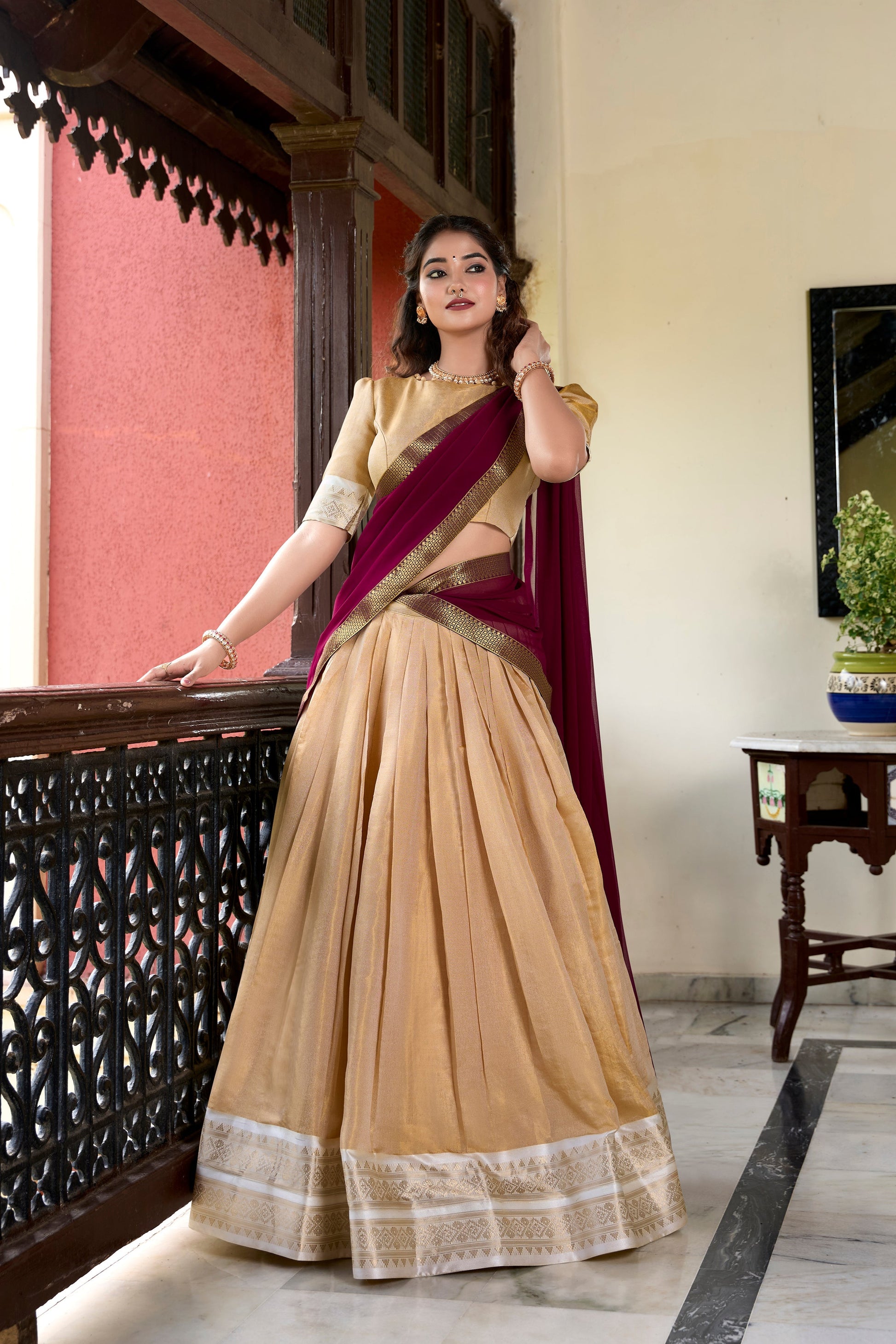 Lorenvalley Cream Kanchipuram Zari Weaving Work Lehenga Choli 