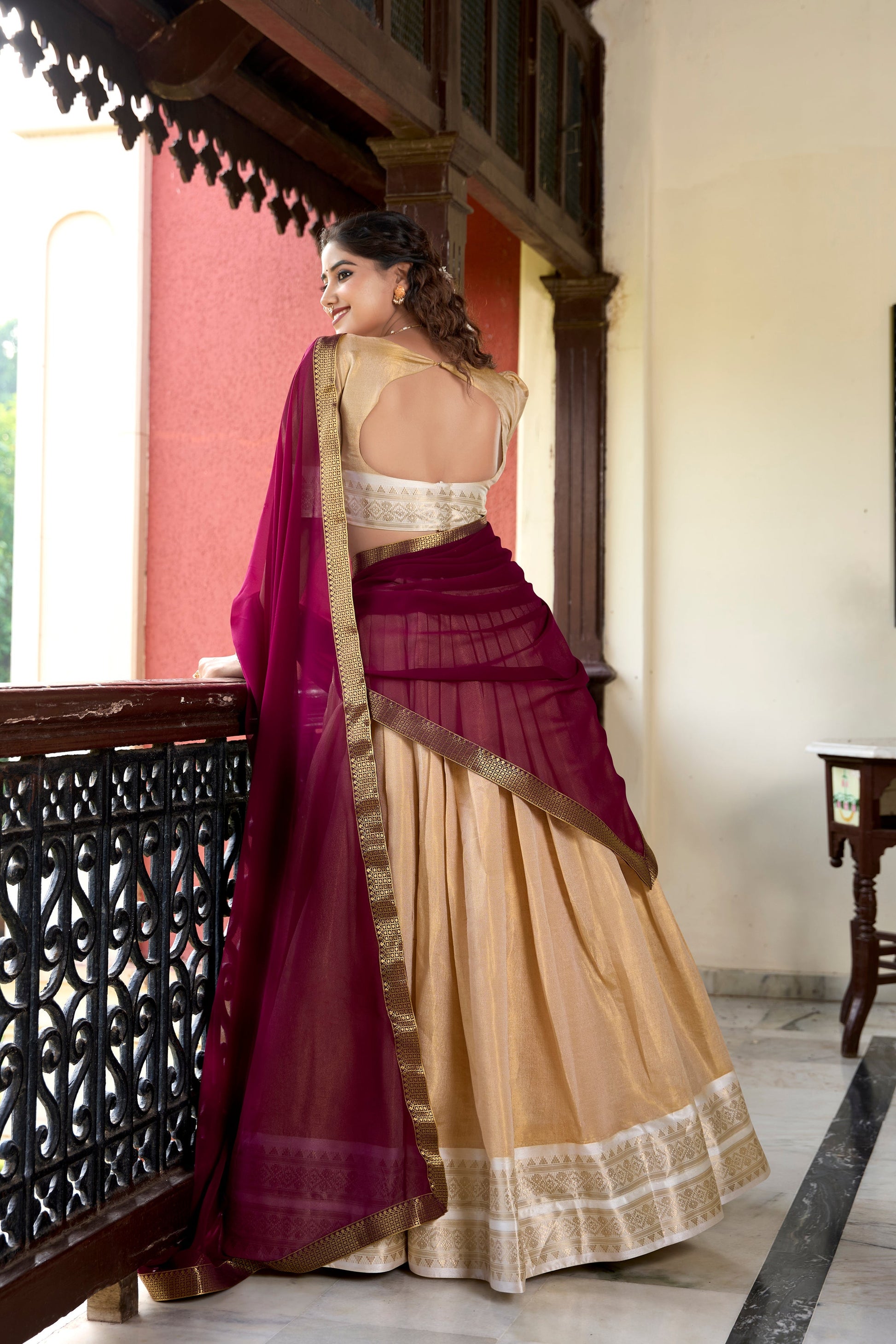 Lorenvalley Cream Kanchipuram Zari Weaving Work Lehenga Choli 