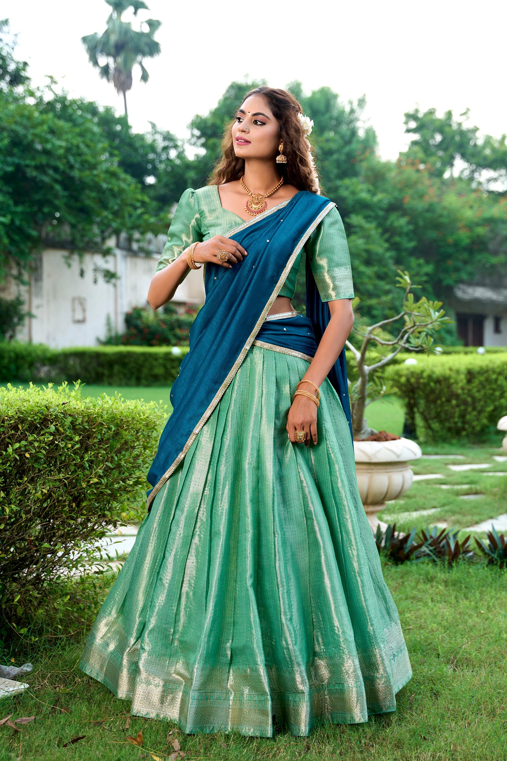 Lorenvalley Pista Kanchipuram Zari Weaving Work Lehenga Choli with Dupatta 