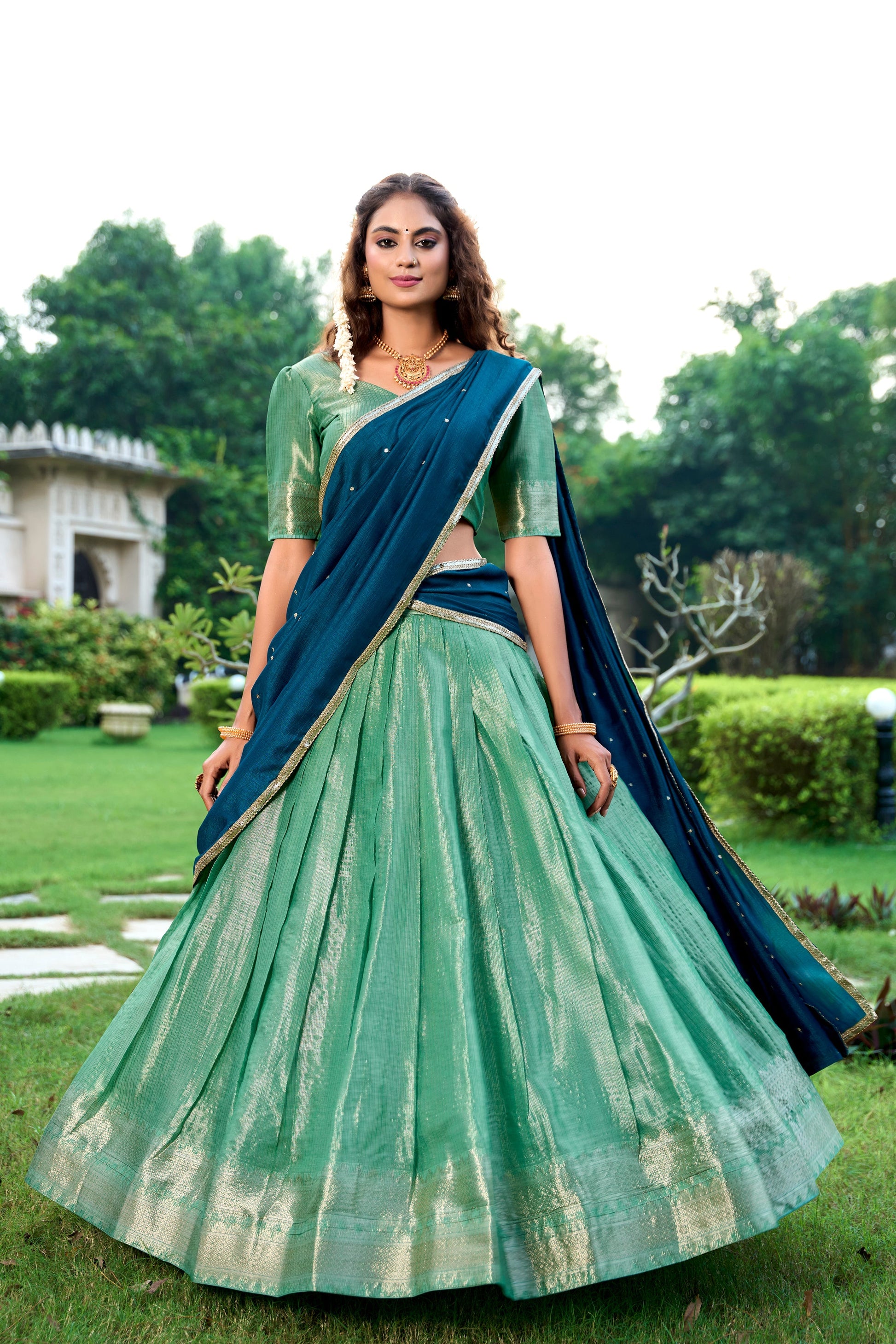 Lorenvalley Pista Kanchipuram Zari Weaving Work Lehenga Choli with Dupatta 
