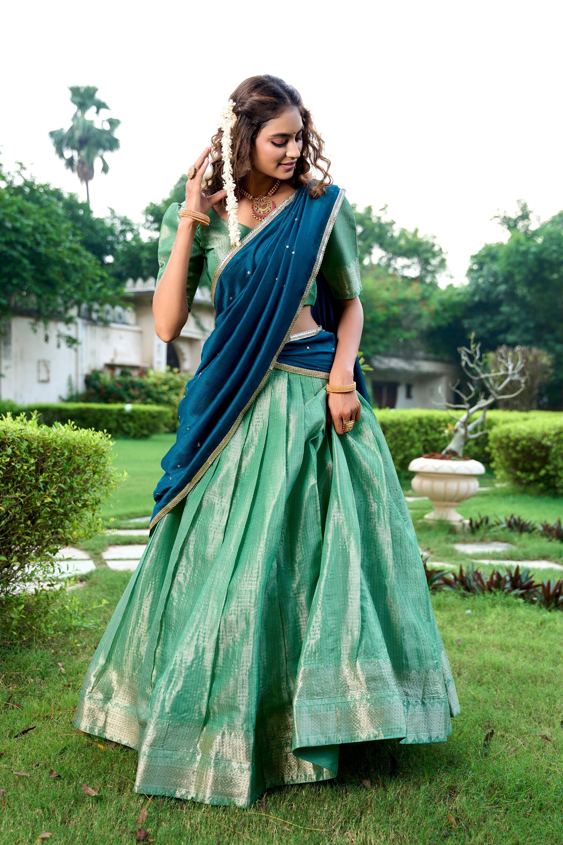 Lorenvalley Pista Kanchipuram Zari Weaving Work Lehenga Choli with Dupatta 