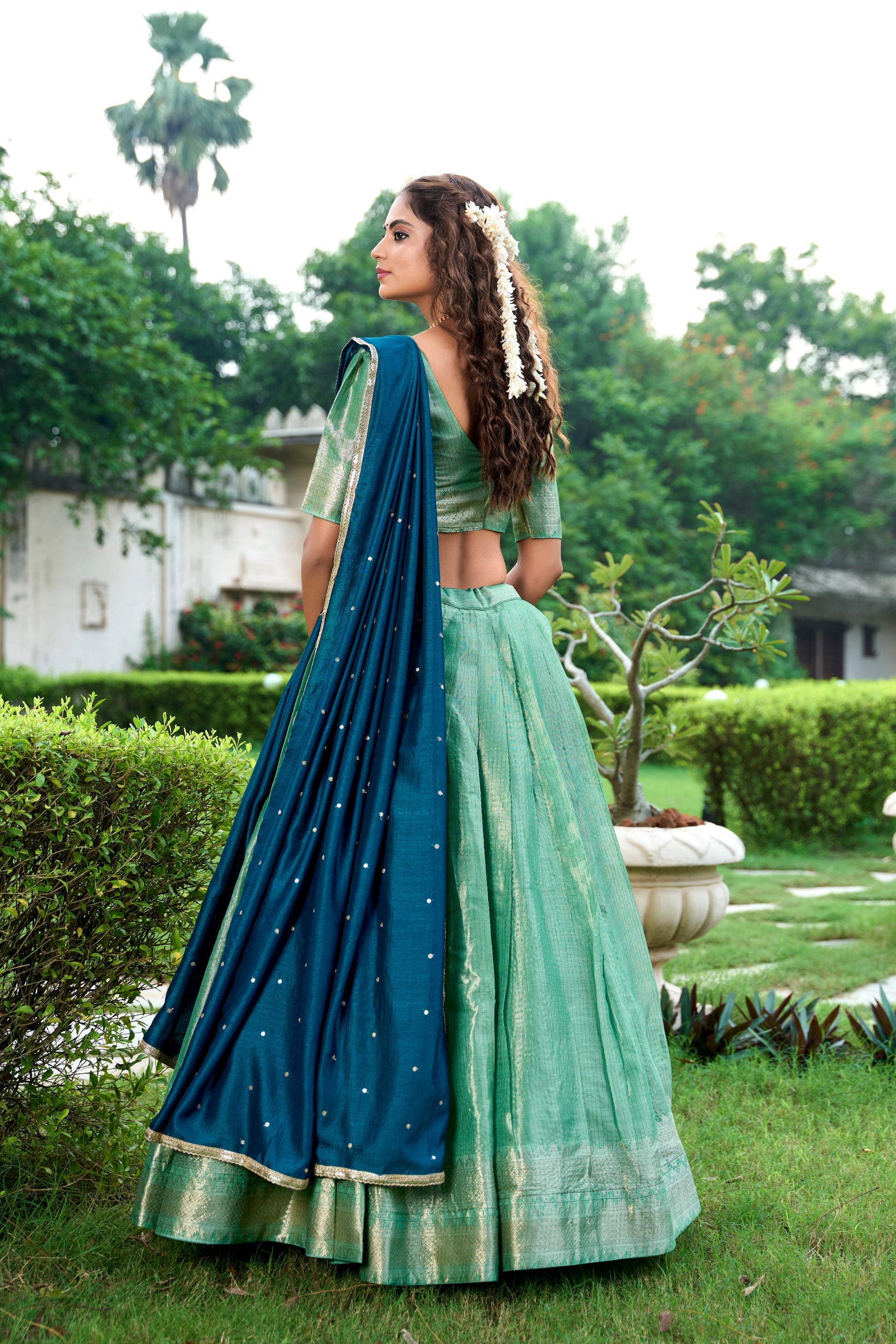 Lorenvalley Pista Kanchipuram Zari Weaving Work Lehenga Choli with Dupatta 